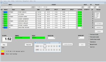Software interface for a race or event management system with various controls and display elements.
